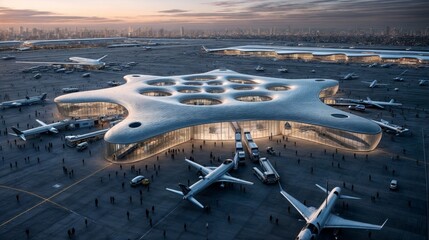 Modern airport terminal with innovative, circular architecture, bustling with activity, highlighting urban design and future travel concepts.