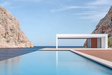 Fototapeta premium Modern minimalist architecture by the sea with stunning coastal views and tranquil swimming pool