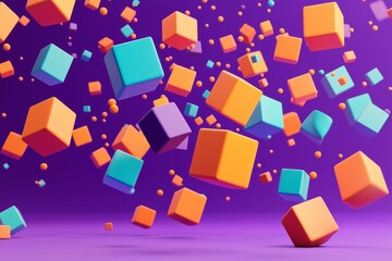 3D rendering of colorful cubes and spheres flying on a purple background. Abstract geometric composition with falling blocks in orange, blue, and violet colors.