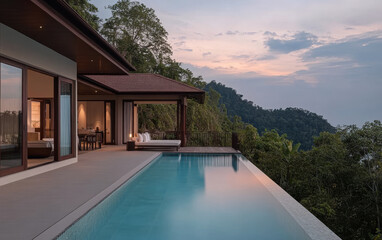 Fototapeta premium Luxury villa with infinity pool overlooking lush mountains during sunset in a tropical paradise
