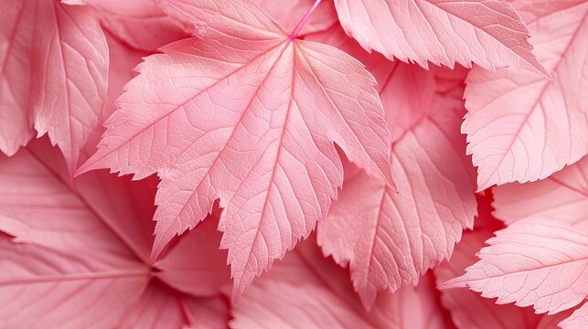 Vibrant pink fall leaves in close-up, warm light casting soft shadows, a blend of autumn and Valentine's Day tones, delicate textures visible