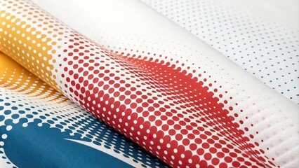 Abstract pattern with red, yellow, and blue polka dots on a white background