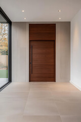 Fototapeta premium Modern minimalist interior showcasing a wooden door in a contemporary living space