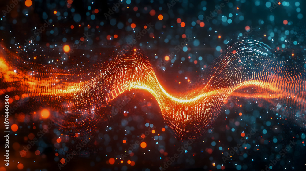 Poster abstract digital wave composed of luminous particles and lines creating a vibrant flow of colors in 
