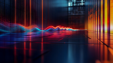 Naklejka premium Abstract Digital Art Representing Vibrant Light Waves in a Futuristic Environment with Reflections in a High-Tech Space