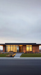 Fototapeta premium Modern single-story house with large windows in a rural setting at dusk