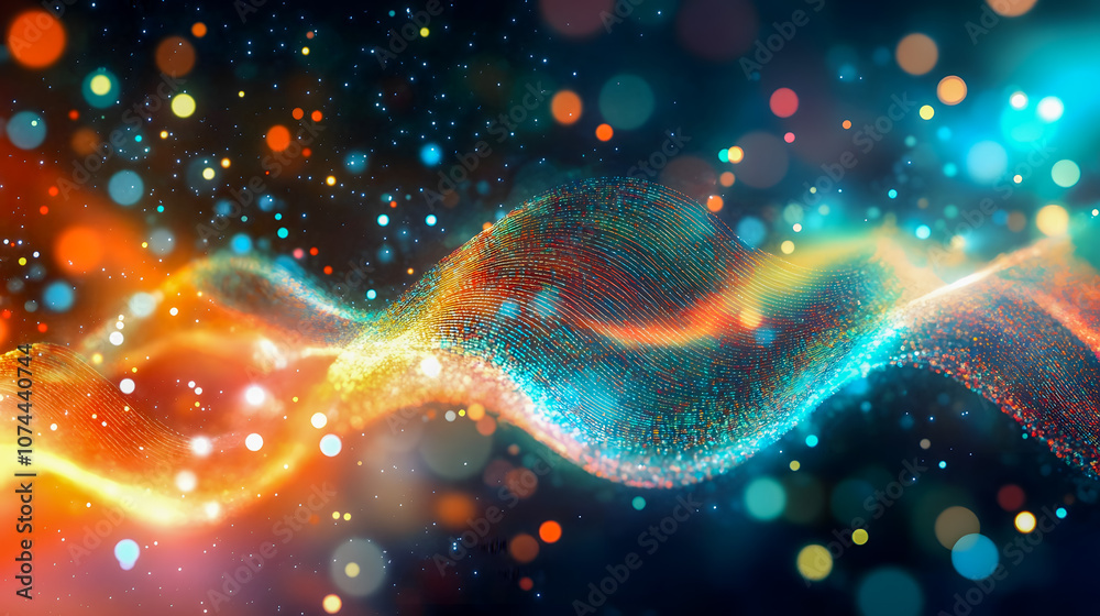 Poster stunning abstract wave with colorful bokeh and light particles, perfect for technology, digital art,