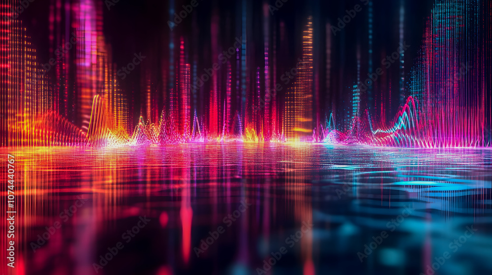 Poster vibrant and colorful abstract digital waveform display with light reflections on water surface creat