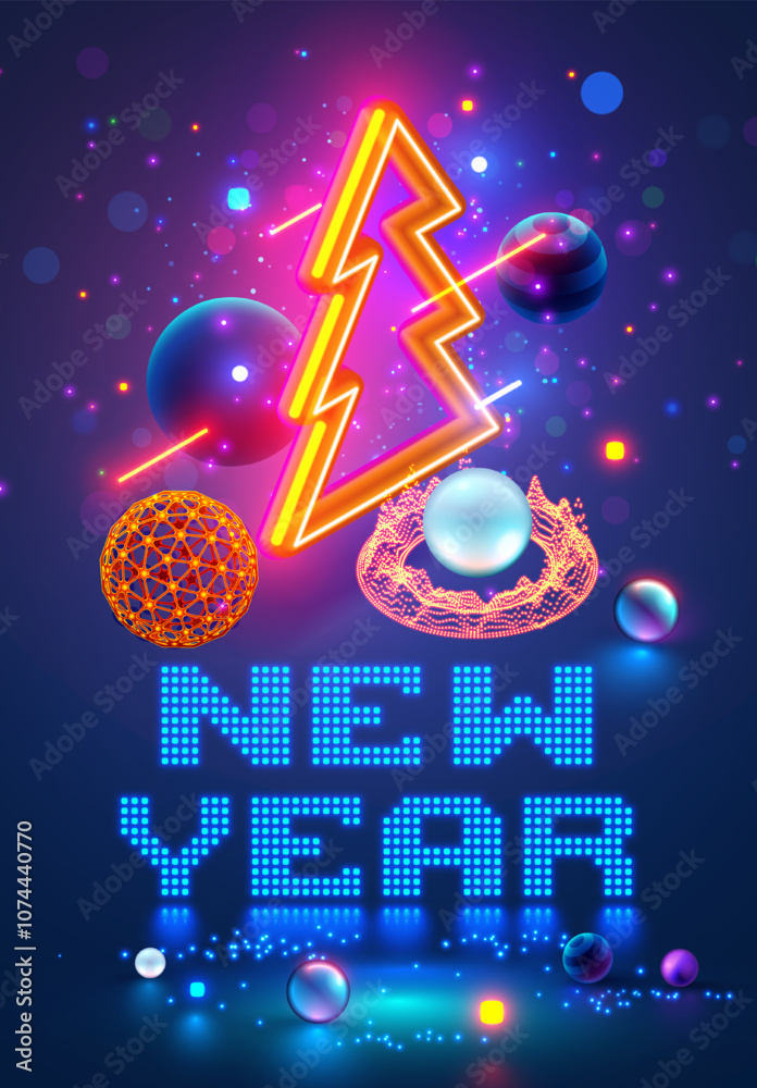 Poster christmas and new year banner in computer tech style. isometric christmas tree with decoration balls