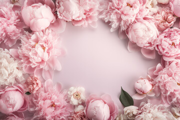 Frame of Pink Peonies on Pastel Background - Space for Text