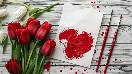 Happy Mother's Day. Heart shaped greeting label and beautiful tulip flowers on white wooden table