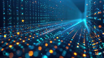 Fototapeta premium Abstract digital landscape with vibrant glowing blue and orange dots, creating a futuristic data visualization, perfect for technology, AI, and innovation themes.