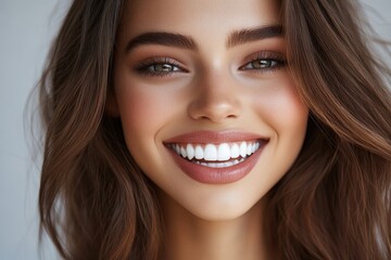 Close-up portrait of a smiling woman. Perfect for dental, beauty, and happiness themes.