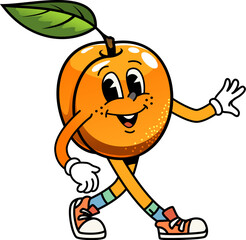 Cartoon groovy apricot fruit character with a leaf. Isolated vector ripe, healthy organic fruit personage walking cheerfully with happy smile, retro vintage, y2k, hippie vibe, wears sneakers and socks