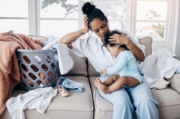 Mother, home and hug baby for comfort, tired woman and laundry basket with clothes to fold. Mama,...