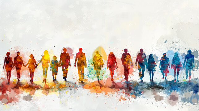 an impressionist-style abstract watercolor painting depicts a diverse group of people united on a colorful rainbow background
