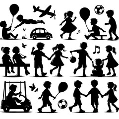 Silhouettes of Children Playing with Balloons and Sports Equipment. generator AI