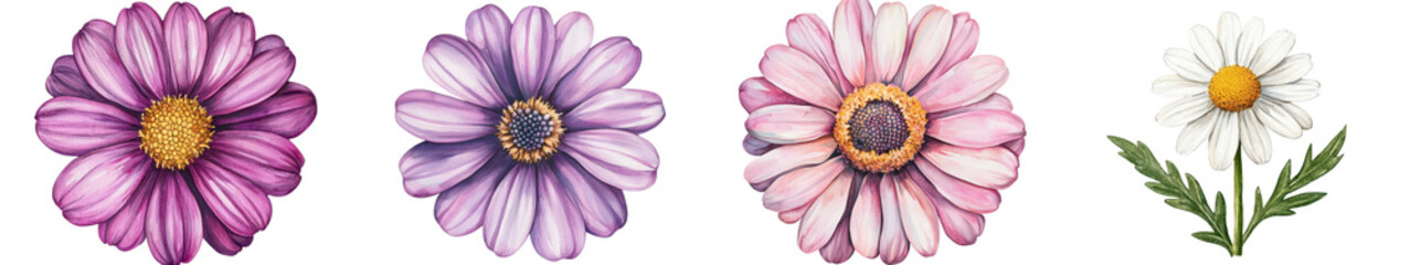Obraz premium Captivating close up view of vibrant globe daisy flowers with delicate soft petals in a range of warm tones including white pink and purple Natural organic and botanical design elements