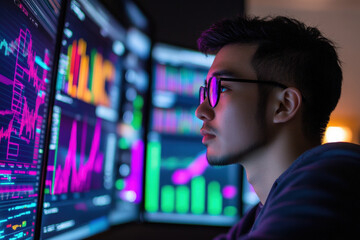 Fototapeta premium Data Analyst with Screens of Financial Graphs