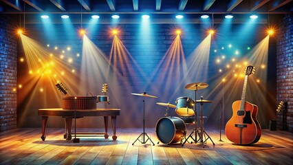 A Vibrant Stage Setup with Guitar, Piano, and Drums Perfect for Live Music Events, Featuring a Dynamic Atmosphere and Ample Space for Performers and Equipment
