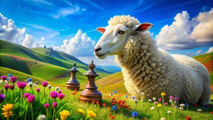 A whimsical landscape featuring a sheep holding a chess piece, symbolizing strategy and chance in a unique gaming scenario set against a vibrant, enchanting backdrop.