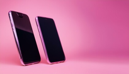 Two hands shaking extending from smartphones on pink background. Concept of virtual agreement or business deal