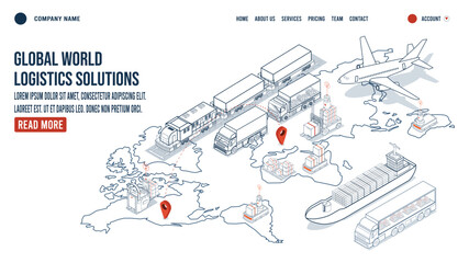 Global logistics solutions landing page concept with Smart Logistics, Business logistics, Warehouse Logistic, Online delivery, Export and Import. Vector illustration sps10