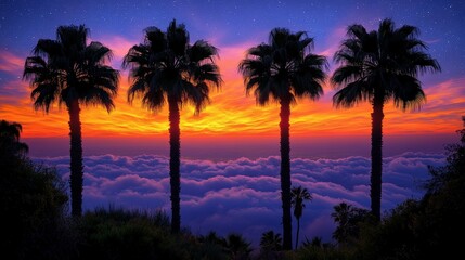 Obraz premium Majestic Sunset Over Clouds With Silhouetted Palm Trees Against a Colorful Sky Illuminated by Vibrant Hues of Orange, Purple, and Blue