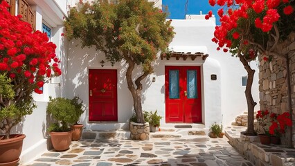 View of the Turkish city of Bodrum's pristine pavement and flower beds. Santorini's Aegean-style streets, walls, houses, and flowers are vibrant. Red doors, a white wall, and