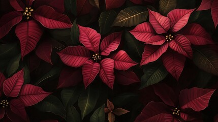 Poinsettia, floral still life painting of poinsettias with deep red petals and lush green leaves