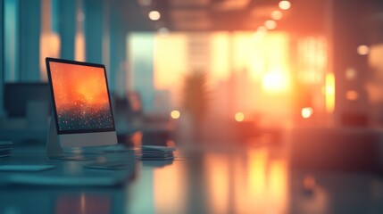 Blurred background of an office environment, with soft shapes of desks and computers, creating a modern professional vibe