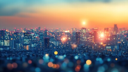 Blurred background of city lights at night, with colorful bokeh effects in shades of yellow, blue, and red