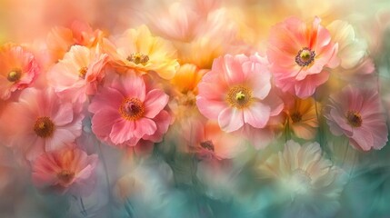 Fototapeta premium Blurred background with colorful flowers, hints of pinks, yellows, and greens softly blending together