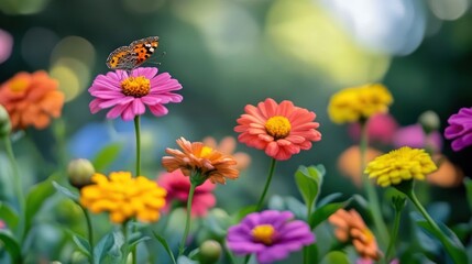 Butterflies suck nectar from flowers, flying softly and perching on colorful flowers. Showing foraging behavior