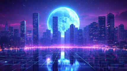 Cyberpunk background with a view of skyscrapers and a large, holographic moon, creating a surreal and futuristic nightscape