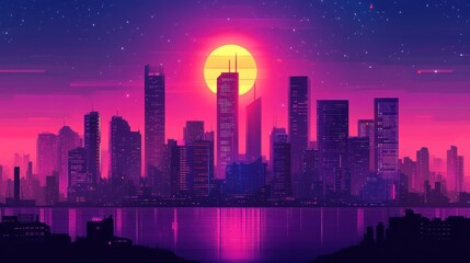 Cyberpunk background with futuristic city skyline, towering high-tech buildings under a glowing purple sky