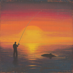 A lone fisherman casts his line into the water as the sun sets on the horizon.