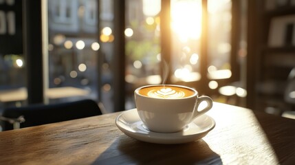 Fototapeta premium Warm Cup of Coffee with Latte Art on Table in a Bright Cafe Setting Bathed in Morning Light, Inviting Atmosphere and Relaxing Environment