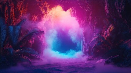 Obraz premium Fantasy background with a mysterious cave entrance glowing with colorful light, surrounded by exotic, magical plants