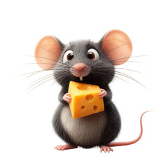 Fototapeta premium Cheerful mouse holding cheese cartoon style black background whimsical concept