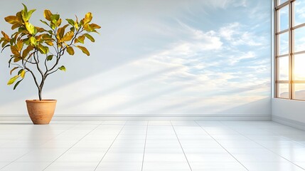 The white empty studio room features sleek white walls and a corner tiled white floor, creating a luxurious and minimalist backdrop for product display.