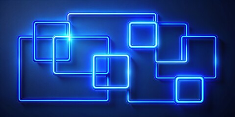 Blue Shiny Rectangle Shapes in Neon Sign Style for Urban Exploration, Perfect for Studio, Club, or Office Decor with a Dark Blue Background and VIP Atmosphere