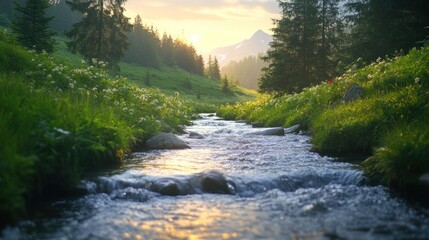 Obraz premium Landscape background of a river flowing through a green meadow reflecting the soft sunlight in the morning