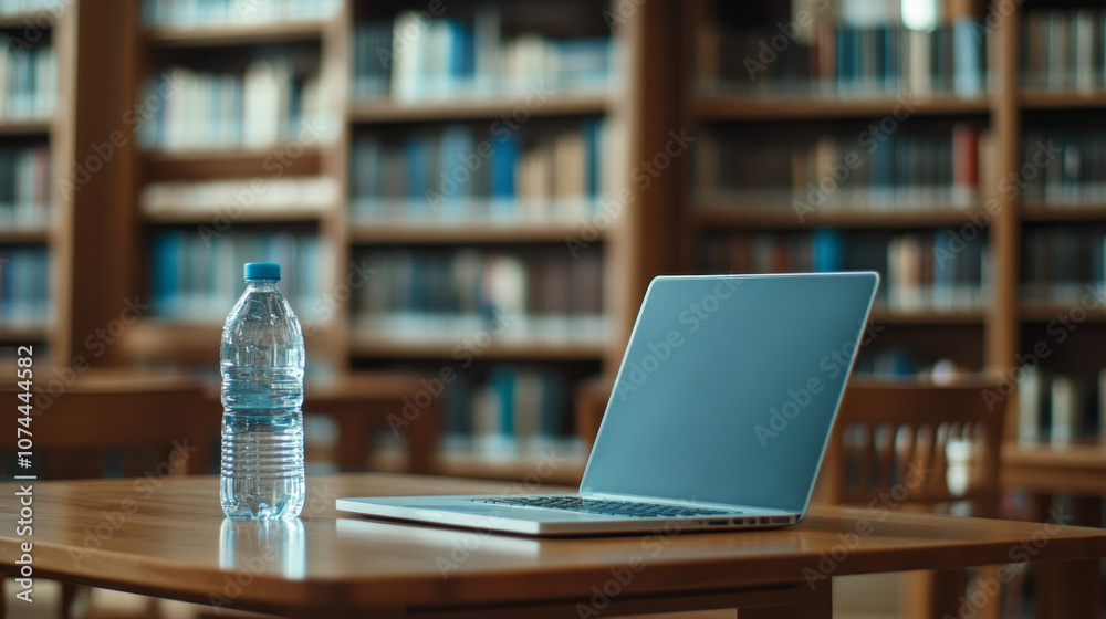 Poster a laptop is open on a table next to a bottle of water
