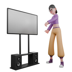Cartoon 3D Dancer Character. A female dancer walks to the right while both hands want to touch the white board in front of her.  Animated Performer - Shortcut