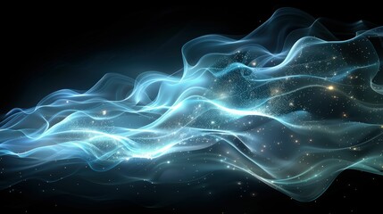 Ethereal Waves of Blue and White Light with Glimmering Stars Creating a Dreamlike Atmosphere in a Cosmic Space Background