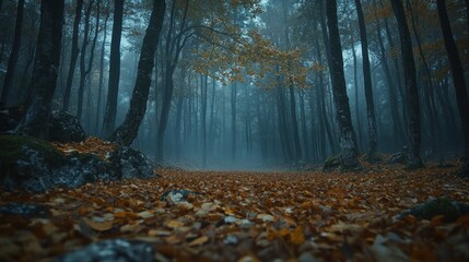 Mysterious forest background with fallen leaves scattered on a misty forest floor, illuminated by soft twilight