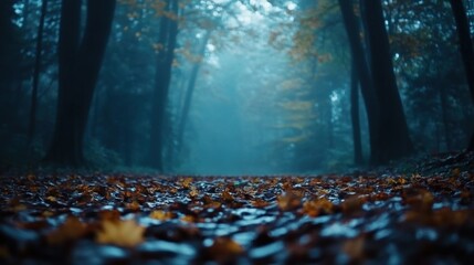 Mysterious forest background with fallen leaves scattered on a misty forest floor, illuminated by soft twilight