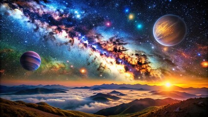 Breathtaking Cosmic Landscape Featuring a Vivid Nebula, Stars, and Planets in a Celestial Night Sky with an Explosion of Bright Colors Capturing the Essence of the Milky Way