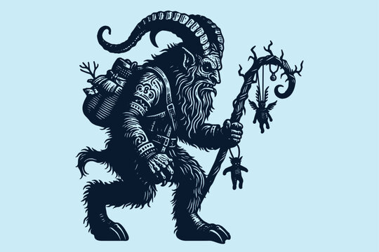Krampus. Scary horned creature with a staff. Hand drawn engraving vector illustration, emblem, logo, cut out, isolated object	